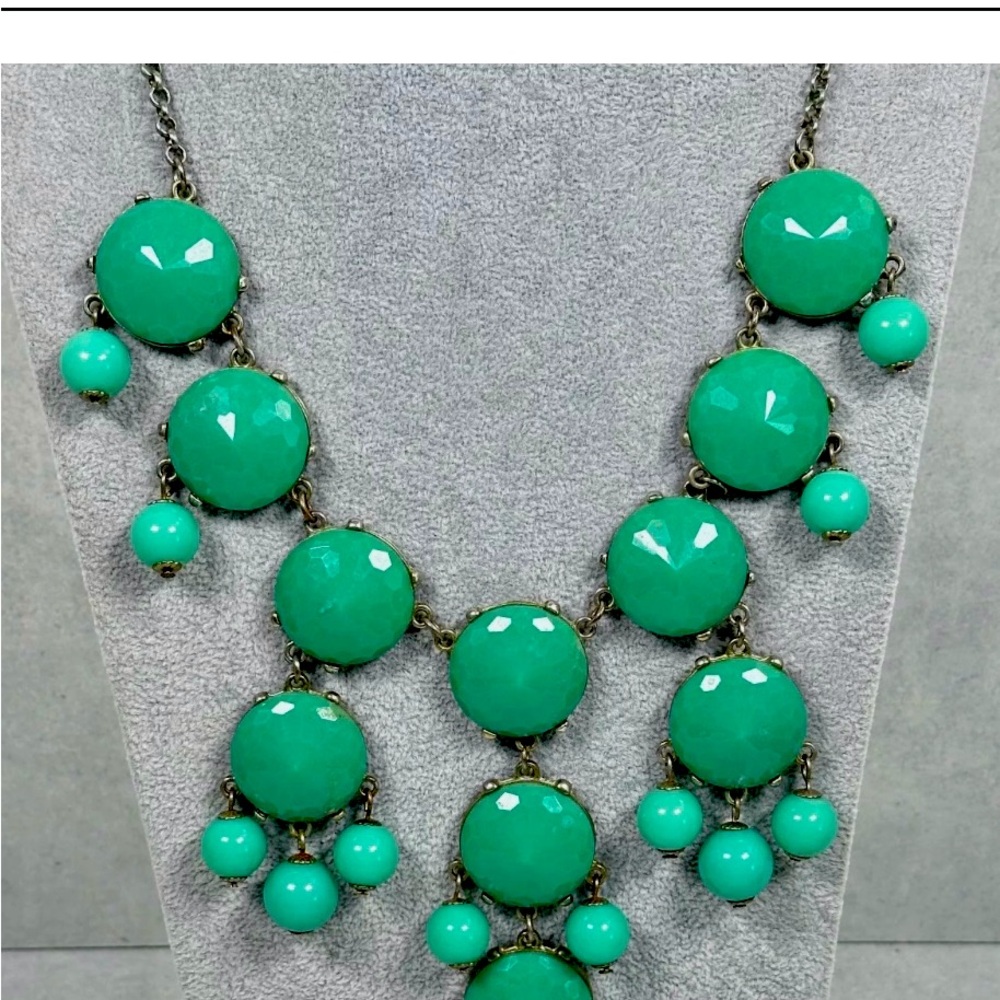 J CREW green-blue bubble drop statement necklace, adjustable closure, gold tone